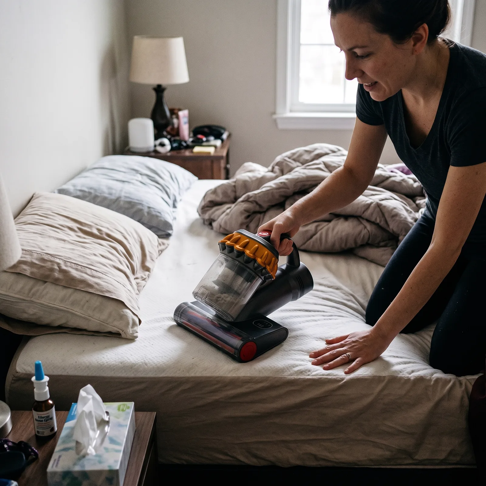 A 20–25 cm path each stroke — the whole bed without unplugging.